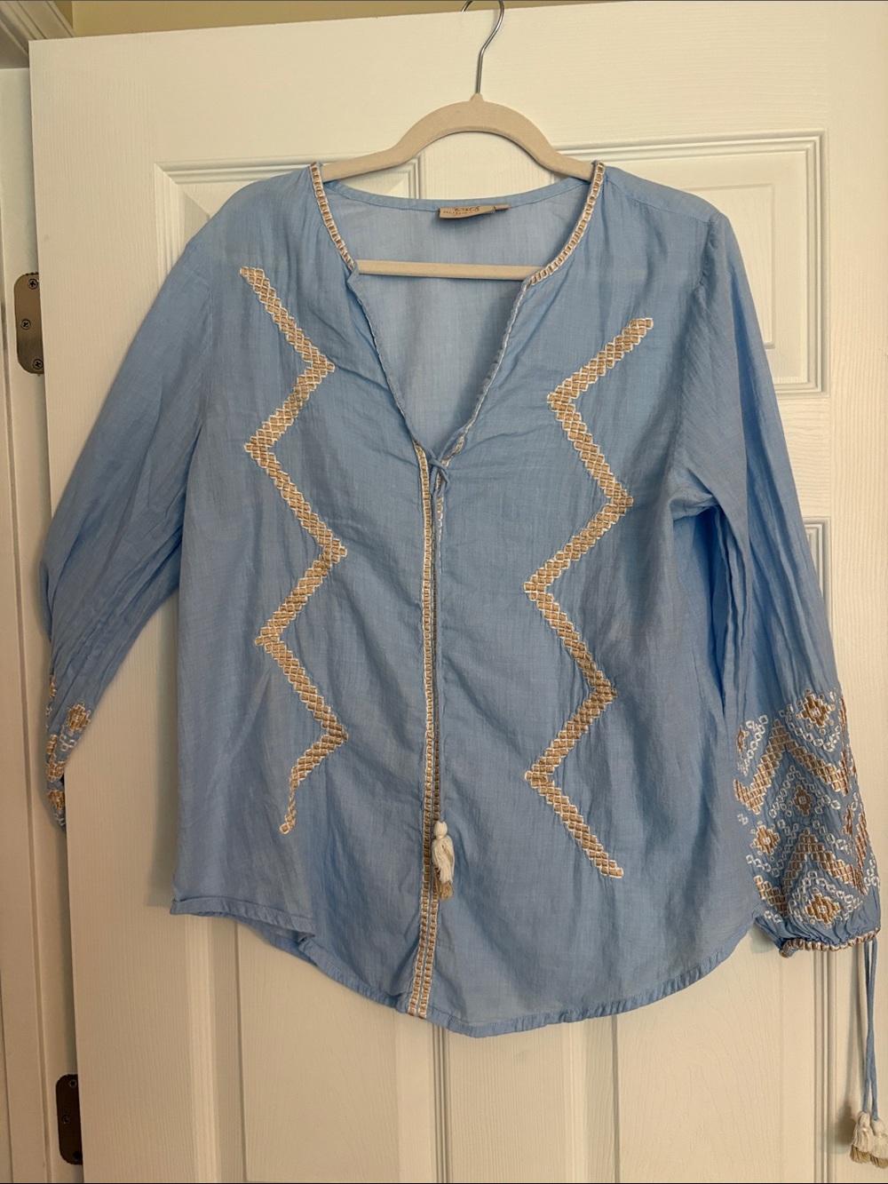 Light Blue Embroidered Rungolee Peasant Top